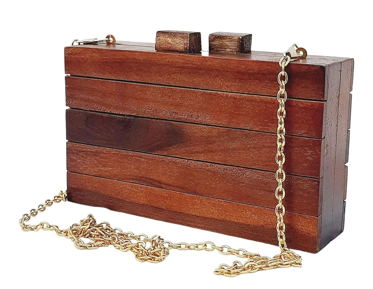 Saira Brown Wooden Slim Rectangular Clutch Bag